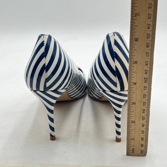 YDN Blue Stripe Chic Pointed Closed Toe Mid Heel Pumps Slip on Dress Shoe - Picture 5 of 8